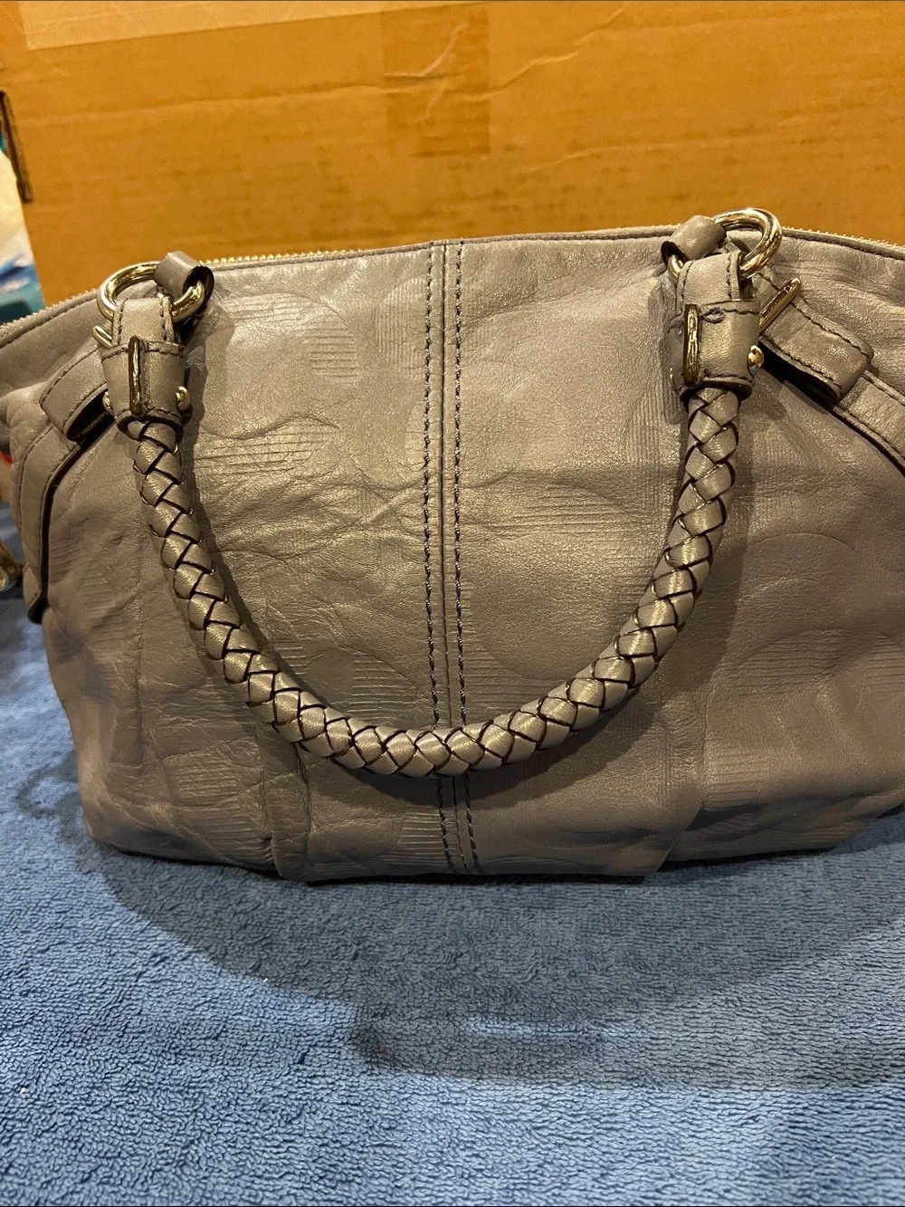 Coach Gray Braided Leather Satchel with Signature Pattern